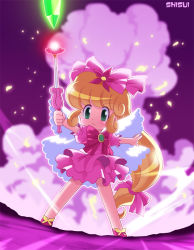 Rule 34 | 1990s (style), 1girl, artist name, blonde hair, blush, bow, cape, dress, flower tact, full body, green eyes, hair bow, hana no mahoutsukai mary bell, heartcatch precure!, long hair, low-tied long hair, magical girl, mary bell, parody, pink background, pink bow, pink dress, pink skirt, pink theme, precure, retro artstyle, serious, shisui, shoes, skirt, wand
