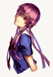 Rule 34 | 1girl, blue shirt, bow, bowtie, collared shirt, cropped torso, floating hair, from side, gasai yuno, grin, hair between eyes, hair bow, head tilt, long hair, looking at viewer, mirai nikki, nasubin (nasubisamurai15), parted lips, pink hair, red bow, red bowtie, red eyes, sailor collar, sailor shirt, school uniform, shirt, short sleeves, sidelocks, simple background, smile, solo, twintails, very long hair, white background, white sailor collar