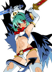 Rule 34 | + +, 1girl, aqua hair, arcana trust, armpits, arms up, demon girl, dual wielding, from below, hat, holding, horns, looking at viewer, red eyes, sasayuki, shinrabanshou, short hair, short shorts, shorts, simple background, smile, solo, star (symbol), sweat, sword, tail, thighhighs, torn clothes, torn thighhighs, weapon, white background, white thighhighs, wings