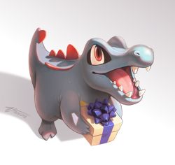 Rule 34 | box, creatures (company), dated, fangs, game freak, gen 2 pokemon, gift, happy, holding, holding box, holding gift, looking up, nintendo, no humans, pokemon, pokemon (creature), shadow, sharp teeth, simple background, solo, teeth, totodile, twarda8, white background