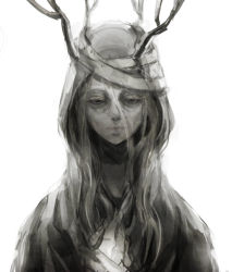 Rule 34 | 1girl, antlers, bandages, bloodborne, expressionless, greyscale, hooded, horns, kmitty, monochrome, portrait, solo, vicar amelia