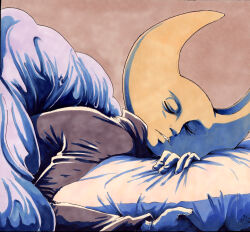 Rule 34 | 1boy, closed eyes, colored skin, gloves, highres, hylics, male focus, parted lips, pillow, shadow, sleeping, solanne-c, solo, under covers, upper body, wayne (hylics), white gloves, yellow skin