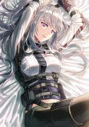 Rule 34 | 1girl, ak-12 (girls&#039; frontline), ammunition pouch, arms up, artificial eye, bed sheet, black pants, breasts, girls&#039; frontline, large breasts, long hair, long sleeves, lying, mechanical eye, midriff, multiple straps, on back, open mouth, pants, pouch, purple eyes, sidelocks, silence girl, silver hair, solo, strap, symbol-shaped pupils, tactical clothes