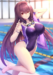 Rule 34 | 1girl, bare legs, bare shoulders, barefoot, blurry, blurry background, bracelet, breasts, cleavage, collarbone, commentary request, competition swimsuit, emanon123, fate/grand order, fate (series), goggles, goggles around neck, highleg, highleg swimsuit, highres, holding, jewelry, lane line, large breasts, leg up, long hair, looking at viewer, one-piece swimsuit, pool, poolside, purple hair, red eyes, scathach (fate), simple background, smile, solo, swimsuit, thighs, toes, towel, water, water drop