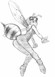 Rule 34 | 1girl, absurdres, ass, bee girl, breasts, capcom, cessa, female focus, full body, high heels, highres, arthropod girl, monochrome, q-bee, simple background, solo, vampire (game), white background, wings