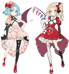 Rule 34 | 2girls, artist name, asymmetrical legwear, bare arms, bare shoulders, bat wings, black legwear, blonde hair, blue hair, blush, bow, commentary request, dress, flandre scarlet, flat color, full body, gotou (nekocat), hat, hat bow, highres, juliet sleeves, long sleeves, looking at viewer, mismatched legwear, mob cap, multiple girls, petticoat, pink dress, pink headwear, pointy ears, puffy sleeves, red bow, red dress, red eyes, red footwear, remilia scarlet, shoes, short hair, siblings, side ponytail, simple background, single leg pantyhose, single sleeve, sisters, touhou, uneven legwear, white background, white headwear, white legwear, wings
