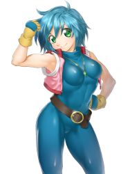 Rule 34 | 1girl, abs, allenby beardsley, armpits, belt, belt skirt, blue bodysuit, blue hair, bodysuit, breasts, cropped jacket, g gundam, gloves, green eyes, gundam, jewelry, large breasts, looking at viewer, muscular, necklace, onsoku inu, short hair, skin tight, smile, solo, toned, white background