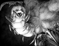 Rule 34 | absurdres, antennae, bad id, bad twitter id, black background, bug, claws, grape31415, greyscale, hair over one eye, highres, horror (theme), indie virtual youtuber, insect, juniper actias, mandibles, monochrome, monster, moth, simple background, virtual youtuber