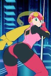 Rule 34 | 1girl, absurdres, anythinggoes, ass, bodysuit, breasts, capcom, colorized, from behind, gloves, helmet, highres, leotard, looking at viewer, medium breasts, mega man (series), mega man battle network, nipples, pole dancing, ponytail, roll.exe (mega man), self-upload, smile, solo, thighhighs, thighs, third-party edit