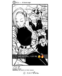 Rule 34 | 1boy, 1girl, after battle, android 18, armor, blood, blowing kiss, cellphone, dragonball z, highres, injury, looking at viewer, one eye closed, phone, skindentation, skirt, torn clothes, vegeta, wink