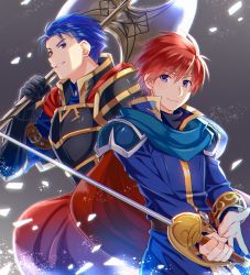 Rule 34 | 2boys, armor, artist request, axe, blue eyes, blue hair, cape, dress, eliwood (fire emblem), fire emblem, fire emblem: the blazing blade, fire emblem heroes, headband, hector (fire emblem), looking at viewer, male focus, multiple boys, nintendo, open mouth, red hair, short hair, smile, weapon