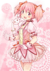 Rule 34 | 10s, 1girl, :3, bubble skirt, dress, fang, gloves, hair ribbon, highres, kaname madoka, kyubey, magical girl, mahou shoujo madoka magica, mahou shoujo madoka magica (anime), pink background, pink eyes, pink hair, pink theme, red eyes, ribbon, short hair, short twintails, skirt, twintails, yakusa