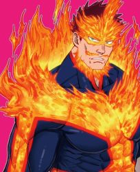 Rule 34 | 1boy, bara, beard, blue bodysuit, blue eyes, bodysuit, boku no hero academia, close-up, covered abs, endeavor (boku no hero academia), facial hair, fiery hair, fire, frown, large pectorals, looking at viewer, male focus, mature male, muscular, muscular male, ono (ohno ha), pectorals, pink background, portrait, red hair, scar, scar across eye, scar on face, short hair, sideburns, solo, spiked hair