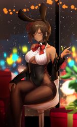 Rule 34 | 1girl, animal ears, bare shoulders, black sleeves, blurry, blurry background, bow, bowtie, breasts, brown eyes, brown hair, christmas, christmas ornaments, cleavage, closed mouth, dark-skinned female, dark skin, dolsig ilangnolja, earrings, fake animal ears, highres, indoors, jewelry, leggings, leotard, limbus company, looking at viewer, outis (project moon), playboy bunny, project moon, rabbit ears, red bow, red bowtie, sitting, sleeveless, solo, underboob, yellow eyes