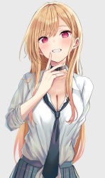 Rule 34 | 1girl, absurdres, akino ell, black choker, blonde hair, blush, breasts, choker, cleavage, collared shirt, colored tips, ear piercing, earrings, grin, gyaru, hand up, highres, jewelry, kitagawa marin, large breasts, looking at viewer, loose necktie, multicolored hair, nail polish, necktie, piercing, pink nails, pleated skirt, red eyes, ring, school uniform, shirt, skirt, smile, solo, sono bisque doll wa koi wo suru, straight hair, upper body, white shirt