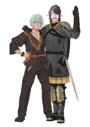 Rule 34 | 2boys, ^ ^, absurdres, arm up, armor, belt, black hair, blue hair, bracelet, brown footwear, brown jacket, brown pants, chainmail, closed eyes, clothes grab, collarbone, commentary, elbow gloves, elezen, elf, emmanellain de fortemps, facing viewer, final fantasy, final fantasy xiv, full body, gloves, greaves, green gloves, grin, hair over one eye, hand on another&#039;s shoulder, hand on own hip, hand up, highres, hyur, jacket, jewelry, legs apart, male focus, multiple boys, nozouko, open mouth, pants, pauldrons, pointy ears, salute, shield, short hair, shoulder armor, sicard (ff14), side-by-side, simple background, smile, spiked bracelet, spikes, standing, swept bangs, sword, weapon, white background