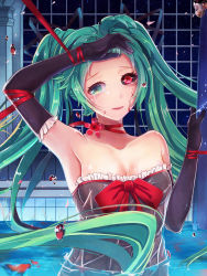 Rule 34 | 1girl, arm up, armpits, black sclera, blood, colored sclera, elbow gloves, fish, gloves, green eyes, green hair, hair ribbon, hatsune miku, heterochromia, highres, l.bou, long hair, mismatched sclera, parted lips, partially submerged, red eyes, revision, ribbon, solo, tears, twintails, very long hair, vocaloid, water, wet