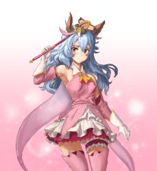 Rule 34 | 1girl, animal ears, armpits, ascot, athenawyrm, blue hair, blush, boots, brown eyes, cosplay, cowboy shot, detached sleeves, embarrassed, ferry (granblue fantasy), floating hair, gloves, gradient background, granblue fantasy, hair between eyes, holding, holding staff, layered skirt, long hair, long sleeves, miniskirt, pink background, pink footwear, pink sleeves, pleated skirt, prisma illya, prisma illya (cosplay), skirt, solo, staff, standing, thigh boots, thigh strap, thighhighs, very long hair, vyrn (granblue fantasy), white gloves, white skirt, yellow ascot