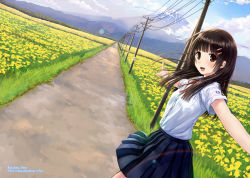 Rule 34 | 1girl, armpit peek, artist name, black hair, blush, cloud, day, dutch angle, field, flower, hair ornament, hairclip, kazuharu kina, long hair, looking at viewer, mountain, open mouth, original, outdoors, outstretched arms, pleated skirt, pointing, road, rural, scenery, school uniform, short sleeves, skirt, sky, smile, solo, spread arms, vanishing point, watermark, web address