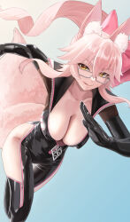 Rule 34 | 1girl, animal ear fluff, animal ears, black bodysuit, blush, bodysuit, bow, breasts, center opening, choker, cleavage, fate/grand order, fate (series), fox ears, fox girl, fox tail, glasses, hair between eyes, hair bow, highres, hip vent, koyanskaya (assassin) (first ascension) (fate), koyanskaya (fate), large breasts, long hair, looking at viewer, pink bow, pink hair, ponytail, sidelocks, smile, solo, tail, tamamo (fate), thighs, yamaneko (tkdrumsco), yellow eyes, zipper