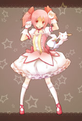 Rule 34 | 10s, 1girl, arms up, bad id, bad pixiv id, bobby socks, bow, bubble skirt, collar, gloves, highres, jewelry, kaname madoka, kyubey, magical girl, mahou shoujo madoka magica, mahou shoujo madoka magica (anime), myou mu, pink hair, red eyes, skirt, socks, standing, star (symbol), twintails, white gloves