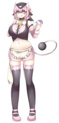 Rule 34 | 1girl, animal ears, apron, bad anatomy, bad id, bad pixiv id, bell, black thighhighs, blue eyes, bottle, breasts, collar, cow horns, creatures (company), female focus, full body, game freak, gen 2 pokemon, holding, holding bottle, horns, large breasts, licking lips, looking at viewer, midriff, milk bottle, miltank, navel, neck bell, nintendo, personification, pink footwear, pink hair, pokemon, pokemon tail, shikkoku neko, shoes, skirt, solo, standing, tail, thighhighs, tongue, tongue out, waist apron, white background
