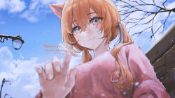 Rule 34 | 1girl, absurdres, animal ears, artist name, bare tree, bbeedol, blue eyes, blue sky, blush, breasts, cat ears, closed mouth, commission, day, from below, highres, lamppost, large breasts, long hair, long sleeves, looking at viewer, looking to the side, original, outdoors, pink sweater, sky, smile, snowing, sweater, tree, upper body, winter