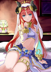 Rule 34 | 1girl, absurdres, arm support, bed, blue bow, blue eyes, blue gemstone, blue skirt, bow, bracer, breasts, brooch, circlet, commentary request, condom, condom wrapper, crop top, detached sleeves, fake horns, gem, genshin impact, gold trim, hand up, harem outfit, highres, horns, indoors, jewelry, lamp, leaning to the side, long hair, long sleeves, looking at viewer, low twintails, medium breasts, natsuki (natukituki), neck ring, nilou (genshin impact), on bed, parted bangs, parted lips, puffy long sleeves, puffy sleeves, red hair, see-through, sitting, skirt, solo, thighlet, thighs, twintails, veil, white headwear, white sleeves