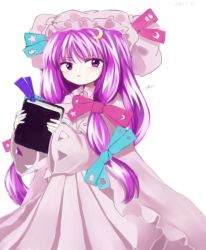 Rule 34 | 1girl, aqua ribbon, book, bun cover, cloak, closed mouth, commentary, double bun, dress, hair bun, hair ribbon, hat, hat ribbon, holding, holding book, long hair, long sleeves, mob cap, official style, patchouli knowledge, pink cloak, pink dress, pink ribbon, purple eyes, purple hair, ribbon, sakumo (okura oishiiii), sidelocks, signature, simple background, sleeves past wrists, solo, striped clothes, striped dress, touhou, tress ribbon, vertical-striped clothes, vertical-striped dress, white background, wide sleeves, wing collar, zun (style)