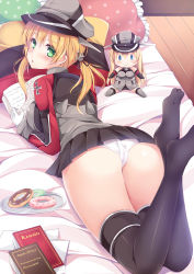 Rule 34 | 10s, 1girl, :o, anchor hair ornament, ass, bismarck (kancolle), blonde hair, blush, book, breasts, character doll, doughnut, food, frilled pillow, frills, gloves, hair ornament, hat, kantai collection, large breasts, long hair, long sleeves, looking at viewer, looking back, lying, microskirt, military, military uniform, murasakio, on stomach, panties, pantyshot, peaked cap, pillow, plate, prinz eugen (kancolle), skirt, solo, thighhighs, twintails, underwear, uniform, white gloves, white panties