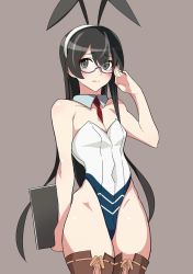 Rule 34 | 1girl, adapted costume, animal ears, baron (nsbaron), black hair, book, breasts, brown background, brown thighhighs, cowboy shot, detached collar, fake animal ears, glasses, green eyes, kantai collection, leotard, long hair, looking at viewer, ooyodo (kancolle), playboy bunny, rabbit ears, red neckwear, semi-rimless eyewear, simple background, small breasts, solo, strapless, strapless leotard, thighhighs, under-rim eyewear, white leotard, wrist cuffs
