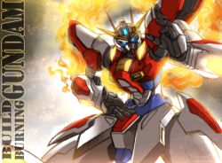 Rule 34 | 10s, blue eyes, build burning gundam, character name, dated, fighting stance, fire, fire, glowing, glowing eyes, gundam, gundam build fighters, gundam build fighters try, haganef, mecha, no humans, robot, signature, solo, sparks