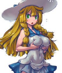 Rule 34 | 1girl, alternate breast size, amania orz, blonde hair, blouse, blunt bangs, braid, breasts, collared dress, creatures (company), dated, dress, game freak, grabbing own breast, green eyes, hat, large breasts, lillie (pokemon), long hair, nintendo, open mouth, pokemon, pokemon sm, shirt, side braid, simple background, skirt, sleeveless, sleeveless dress, sleeveless shirt, solo, sun hat, sundress, twin braids, white background, white dress, white hat, white shirt