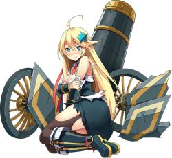 Rule 34 | 1girl, ahoge, bare shoulders, blonde hair, blue eyes, blush, breasts, broken, broken weapon, cannon, cleavage, full body, goryoukaku (oshiro project), hachimaki, hair ornament, headband, kekemotsu, large breasts, long hair, official art, oshiro project:re, oshiro project:re, pantyhose, pencil skirt, sitting, skirt, solo, star (symbol), star hair ornament, tearing up, torn clothes, torn pantyhose, transparent background, weapon