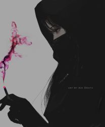Rule 34 | 1girl, aoi ogata, artist name, black eyes, black hair, black jacket, cigarette, commentary, english commentary, grey background, highres, holding, holding cigarette, hood, hood up, hooded jacket, jacket, long hair, looking away, looking down, mask, mouth mask, original, profile, smoke, smoking, solo
