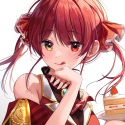 Rule 34 | 1girl, :p, bare shoulders, blush, breasts, cake, cleavage, food, fruit, hand on own chin, heterochromia, highres, hololive, houshou marine, icing, looking at viewer, myowa, plate, red eyes, red hair, see-through, see-through cleavage, solo, strawberry, strawberry slice, tongue, tongue out, two side up, virtual youtuber, yellow eyes