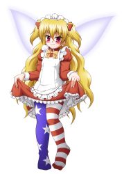 Rule 34 | 1girl, alternate costume, alternate hairstyle, american flag, american flag legwear, american flag print, apron, asymmetrical clothes, asymmetrical legwear, blonde hair, blush, bow, bowtie, breasts, c:, closed mouth, clothes lift, clownpiece, collared dress, commentary request, dress, dress lift, enmaided, eyebrows, eyelashes, fairy, fairy wings, fingernails, flag print, frilled apron, frilled dress, frills, full body, hair between eyes, hair ribbon, highres, horizontal-striped legwear, kappei, knees together feet apart, lifting own clothes, lips, long hair, maid, maid apron, maid headdress, multicolored clothes, multicolored legwear, orange bow, orange bowtie, pantyhose, pink eyes, red dress, red ribbon, ribbon, small breasts, smile, solo, standing, star (symbol), star print, striped clothes, striped pantyhose, touhou, transparent background, tsurime, two side up, uneven legwear, very long hair, wavy hair, white apron, wings