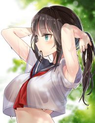 Rule 34 | 1girl, aqua eyes, armpits, arms up, black hair, blouse, breasts, crop top, crop top overhang, from side, large breasts, looking away, melang b, mouth hold, neckerchief, original, ponytail, red neckerchief, school uniform, see-through silhouette, serafuku, shirt, short sleeves, solo, tying hair, wet, wet clothes, wet hair, wet shirt, white shirt