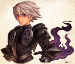 Rule 34 | 1boy, armor, artist name, black armor, closed mouth, couter, cropped jacket, hair between eyes, heterochromia, highres, male focus, odin sphere, oswald (odin sphere), purple eyes, red eyes, sho.t, silver hair, simple background, solo, upper body