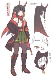 Rule 34 | &gt;:o, 1girl, :o, belt, black hair, black pantyhose, blunt bangs, colored inner hair, full body, green skirt, hand on own hip, hood, hood up, hoodie, horns, ibarakidouji hoozuki, long hair, looking at viewer, looking to the side, multicolored hair, multiple views, oni, oni horns, open clothes, open hoodie, open mouth, original, pantyhose, pleated skirt, ponytail, red hair, ryuusei (ryuuseiseikou), sandals, shin guards, sidelocks, simple background, skirt, straight hair, two-tone hair, v-shaped eyebrows, white background, yagi (ningen), yellow eyes