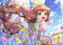 1girl animal_ears basket blue_flower bow brown_eyes brown_hair dolustoy dress easter_egg egg fake_animal_ears flower hair_flower hair_ornament hairband highres holding holding_basket inazuma_eleven_(series) inazuma_eleven_go inazuma_eleven_go_chrono_stone long_hair looking_at_viewer nanobana_kinako open_mouth orange_hairband pink_bow pink_flower pink_petals pointing pointing_up purple_flower rabbit_ears solo yellow_flower yellow_petals