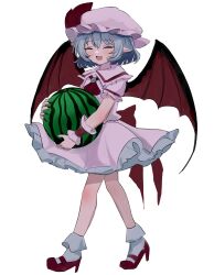 Rule 34 | 1girl, :d, absurdres, ascot, bare legs, bat wings, blue hair, blush, closed eyes, commentary request, dress, fang, fingernails, food, fruit, full body, happy, hat, high heels, highres, holding, holding food, holding fruit, knee blush, long fingernails, mikan (manmarumikan), mob cap, nail polish, open mouth, petite, pink dress, pointy ears, red nails, remilia scarlet, sharp fingernails, short hair, simple background, skin fang, smile, solo, touhou, watermelon, white background, wings