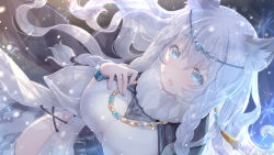 Rule 34 | 1girl, :o, animal ears, arknights, blue eyes, braid, breasts, circlet, cowboy shot, dress, dutch angle, fang, floating hair, hair between eyes, hand on own chest, highres, jewelry, large breasts, leopard ears, long hair, looking at viewer, necklace, open mouth, pelvic curtain, pramanix (arknights), snowflakes, solo, soukuu kizuna, white dress, white hair