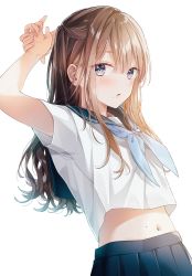 Rule 34 | 1girl, arms up, blue eyes, blue neckerchief, blue sailor collar, blue skirt, blush, brown hair, highres, long hair, looking at viewer, midriff, mole, mole under mouth, navel, neckerchief, original, own hands together, parted lips, pleated skirt, sailor collar, school uniform, serafuku, shirt, short sleeves, simple background, skirt, solo, standing, tadano yukiko, white background, white shirt