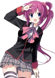 Rule 34 | 1girl, :d, arm at side, arm up, black jacket, blue eyes, blush, bow, breasts, commentary request, cowboy shot, gluteal fold, grey skirt, hair between eyes, hair bobbles, hair ornament, hairclip, highres, jacket, little busters!, little busters! school uniform, long hair, long sleeves, looking at viewer, medium breasts, miniskirt, one side up, open mouth, pink bow, plaid, plaid skirt, pleated skirt, purple hair, saigusa haruka, salute, school uniform, side ponytail, sidelocks, simple background, skirt, smile, solo, standing, star (symbol), striped clothes, striped thighhighs, takepoison, thighhighs, very long hair, white background, zettai ryouiki