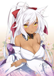 Rule 34 | 1girl, 47agdragon, :o, animal ears, blush, breasts, cleavage, collarbone, dark-skinned female, dark skin, female focus, floral print, fox ears, gradient background, hair ornament, hair ribbon, highres, japanese clothes, kimono, large breasts, looking at viewer, off shoulder, open clothes, open kimono, original, ribbon, solo, white hair, yellow eyes