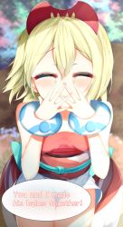 Rule 34 | 1girl, ^ ^, aties20, blonde hair, blurry, blurry background, blush, breasts, closed eyes, closed mouth, creatures (company), depth of field, english text, facing viewer, game freak, hair between eyes, hand to own mouth, hands up, highres, irida (pokemon), nintendo, own hands together, pokemon, pokemon legends: arceus, red shirt, shirt, short shorts, shorts, small breasts, solo, strapless, strapless shirt, white shorts