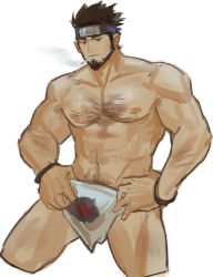 Rule 34 | 1boy, amaimochi, bara, beard, black hair, bulge, chest hair, cigarette, cropped legs, facial hair, forehead protector, highres, large pectorals, loincloth, male focus, mature male, muscular, muscular male, naruto (series), naruto shippuuden, navel, navel hair, nipples, pectorals, sarutobi asuma, short hair, smoke, smoking, solo, thick thighs, thighs, topless male, unfinished