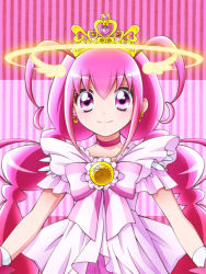 Rule 34 | 10s, 1girl, antenna hair, asahi haru, bow, choker, cure happy, cure happy (princess form), earrings, halo, hoshizora miyuki, jewelry, long hair, magical girl, pink background, pink eyes, pink hair, pink theme, precure, ribbon, smile, smile precure!, solo, striped, striped background, tiara, twintails, wrist cuffs
