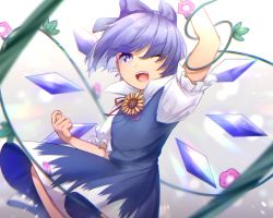 Rule 34 | 1girl, arm up, bloom, blue bow, blue dress, blue eyes, blue hair, bow, cirno, collar, dress, eyes visible through hair, flower, flying, gradient background, grey background, hair between eyes, hands up, happy, highres, holding, ice, ice wings, leaf, light, looking at viewer, mozuno (mozya 7), one eye closed, open mouth, pink flower, puffy short sleeves, puffy sleeves, rainbow, red bow, red neckwear, shadow, shirt, short hair, short sleeves, smile, solo, sunflower, tan, tanned cirno, teeth, tongue, touhou, white background, white shirt, white sleeves, wings, yellow flower